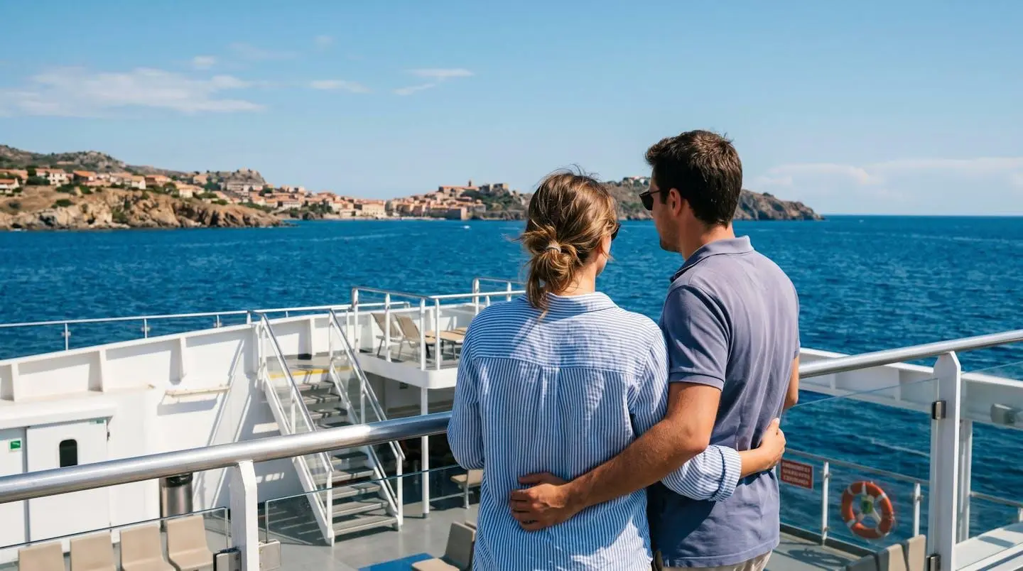 Una coppia vista di spalle osserva il mare dal ponte esterno di un traghetto moderno durante una giornata di sole